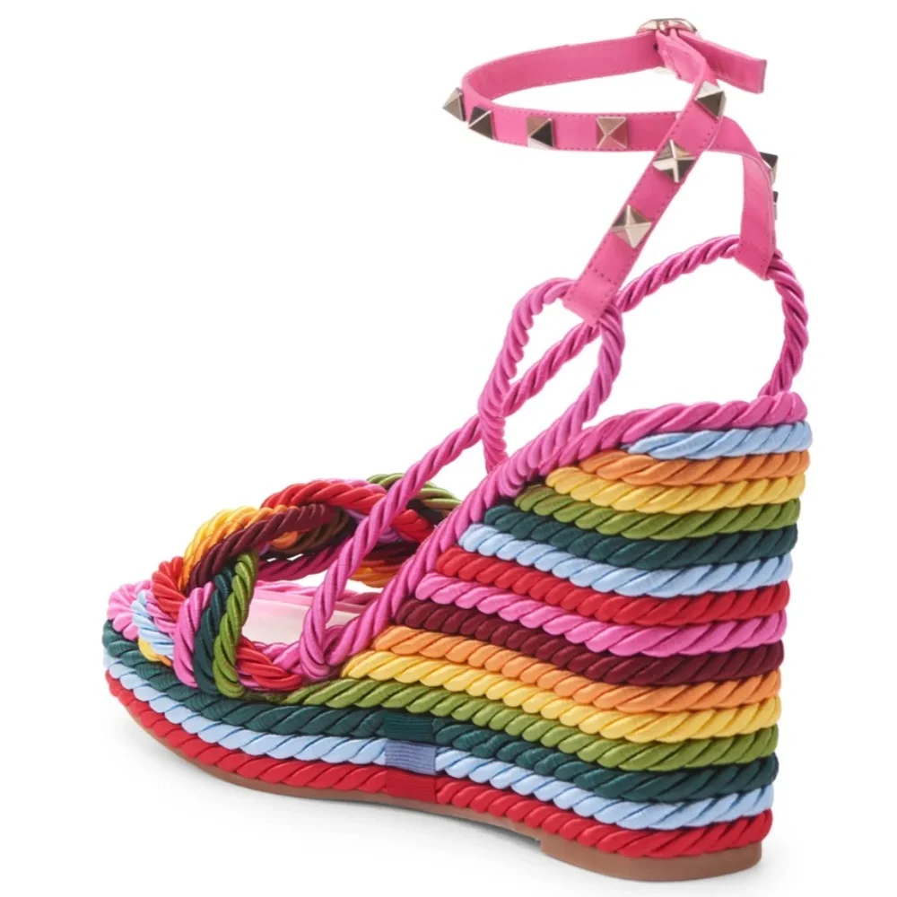NIB $890 VALENTINO Rockstud Torchon Rainbow Platform Wedge Sandal - size 11 / 41